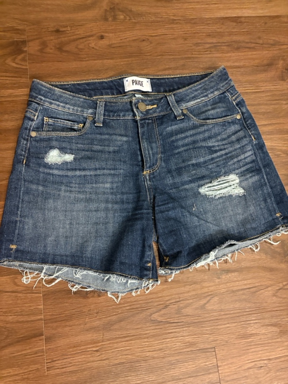PAIGE Dark Blue Distressed Denim Jean Shorts